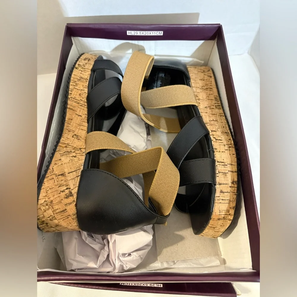 Gloria‎ Vanderbilt Women’s size 6 black wedge cork sandals cross band straps NIB